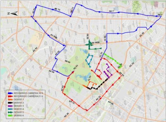 Mapa de desvío de  cuadrante de la Av. Calle 53 y Av. Calle 26 entre Av. Carrera 68 y Av. NQS