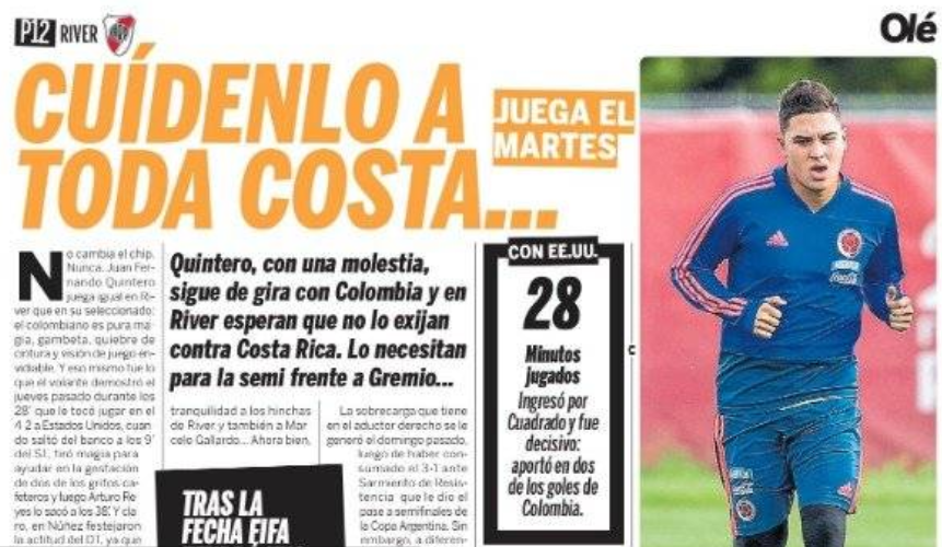 Diario Olé pide a la Selección Colombia cuidar a Juan Fernando Quintero ante Costa Rica