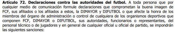 Artículo 72 del código disciplinario de la Dimayor