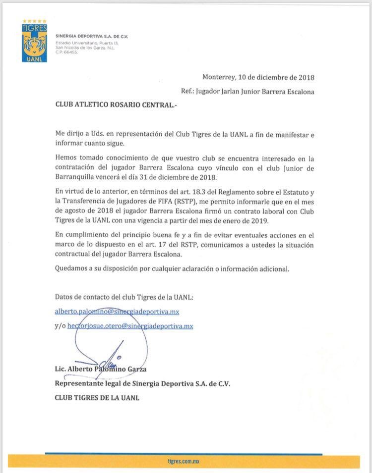 Carta de Tigres a Rosario Central