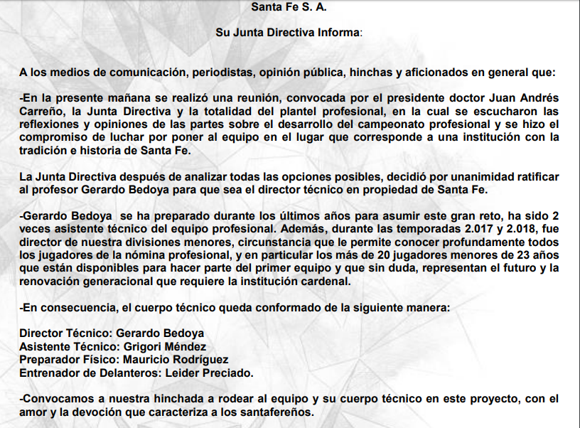 Comunicado, Independiente Santa Fe