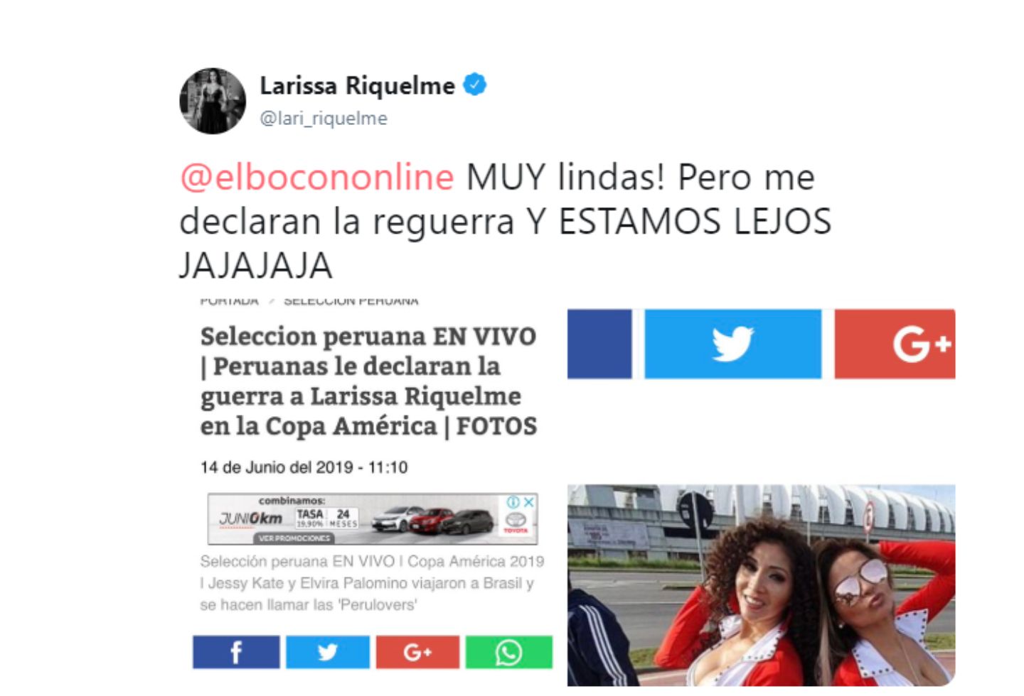 Este fue el Twitter de Larissa Riquelme a unas peruanas.