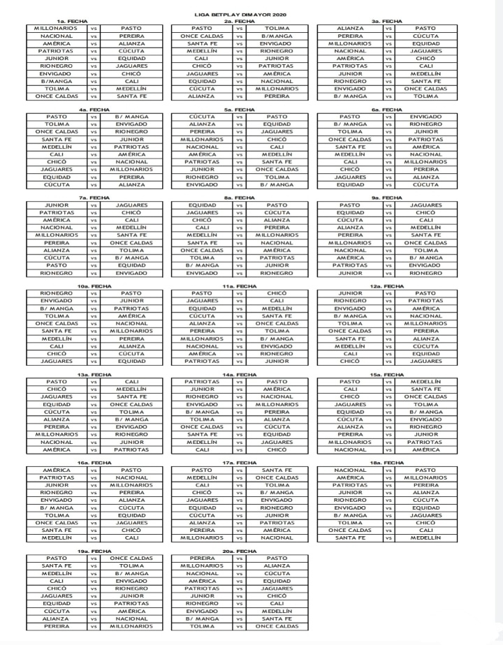 Fixture, Liga Betplay 2020