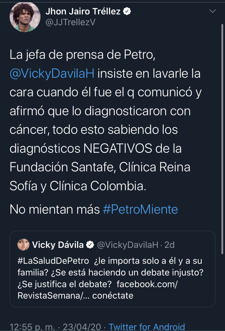Tweet de John Jairo Tréllez mencionando a Vicky Dávila
