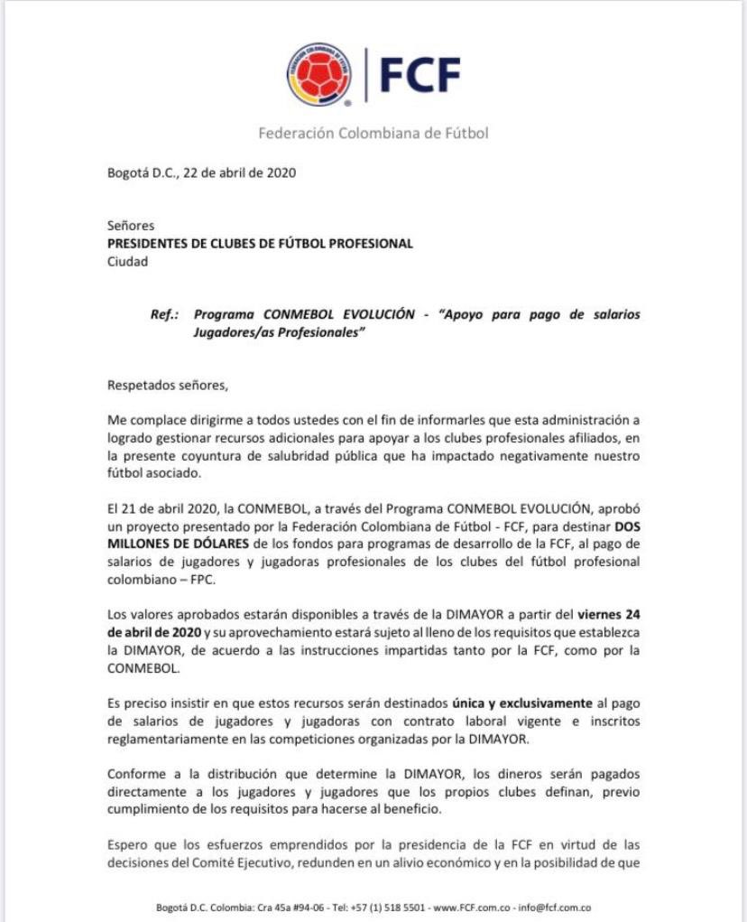 Carta Federación Colombiana de Fútbol