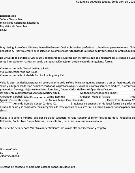Carta de Gustavo Cuéllar