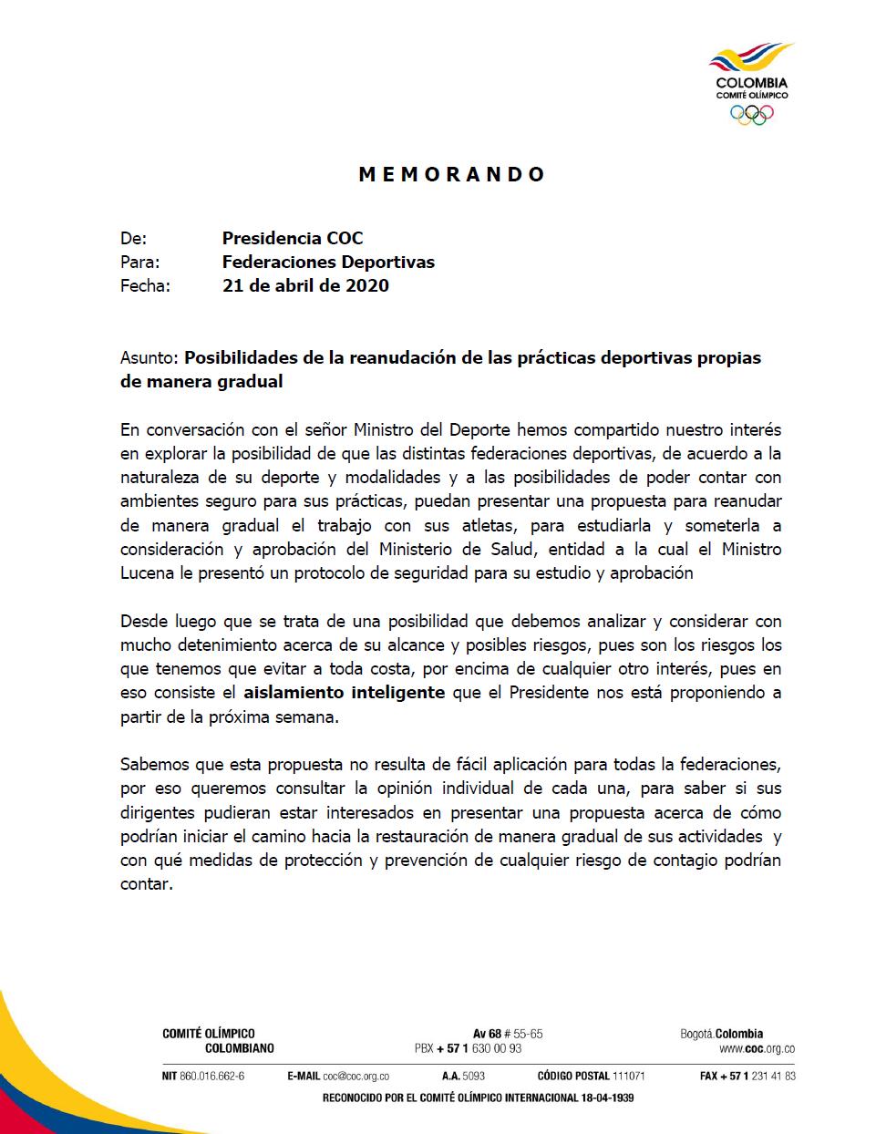 Carta del Comité Olímpico Colombiano