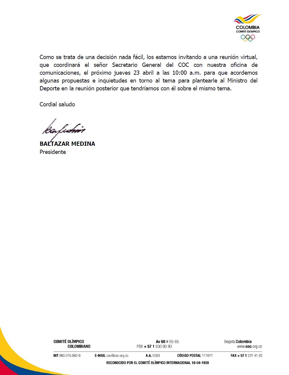 Carta del Comité Olímpico Colombiano
