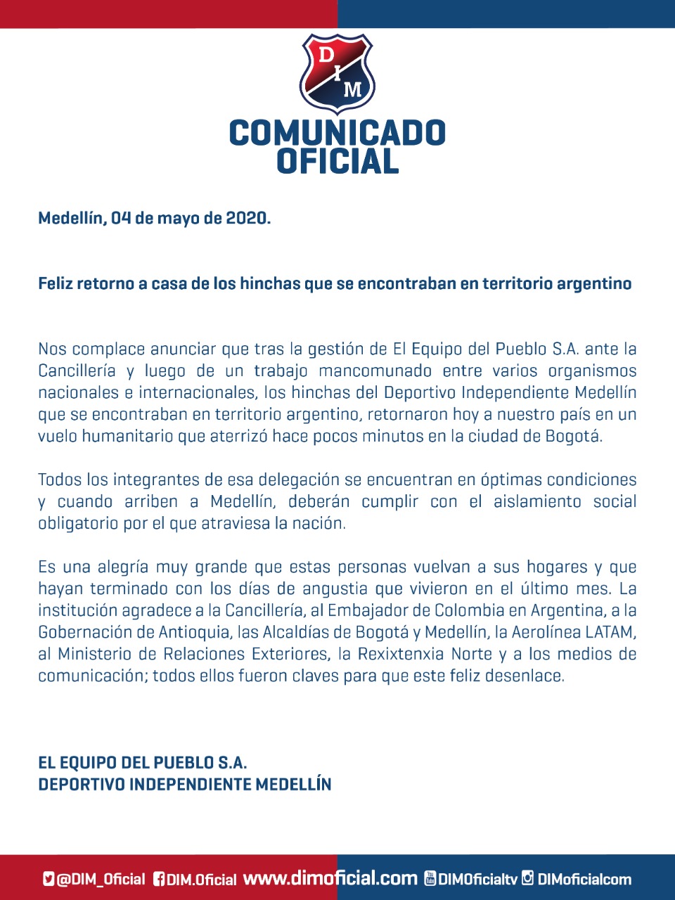 Comunicado oficial Independiente Medellín, 4 de mayo de 2020
