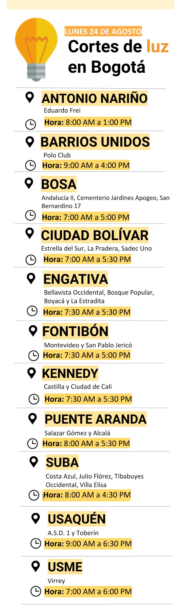 Cortes de luz en Bogotá lunes 24 de agosto