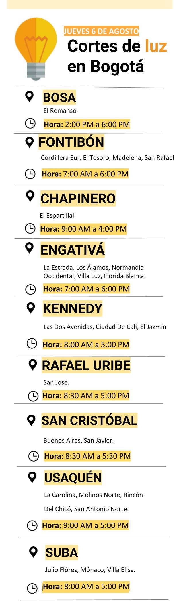 Cortes de luz en Bogotá para el jueves 6 de agosto