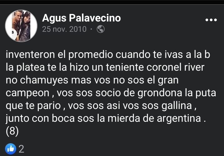 Agustín Palavecino y una publicación en contra de River Plate