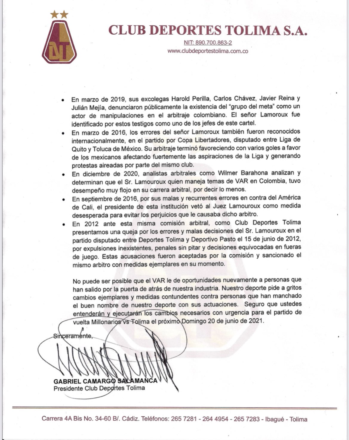 Carta Deportes Tolima