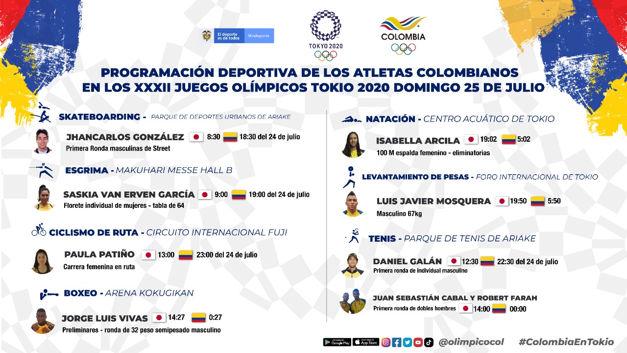 Programación de Colombia en los Juegos Olímpicos 24 y 25 de julio