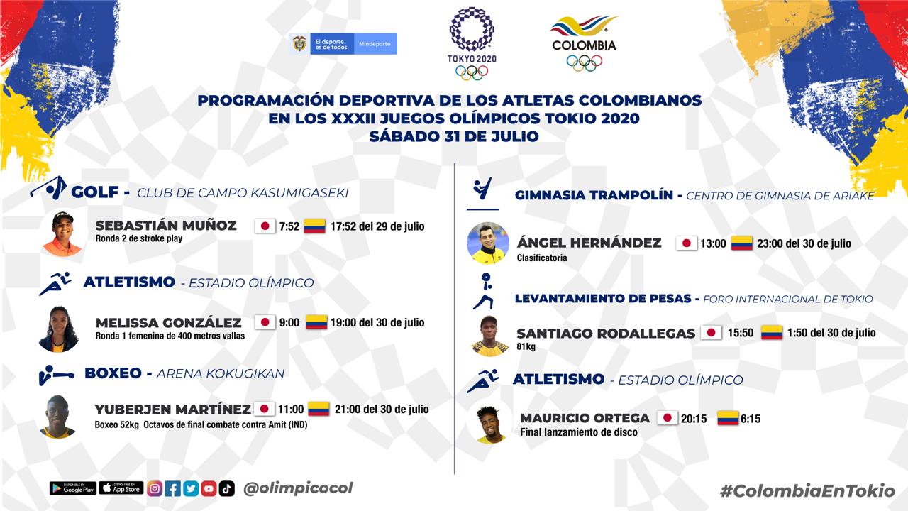 Juegos Olímpicos 2021, Programación colombianos 30 julio