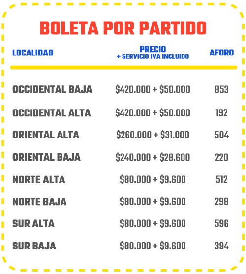 Precios de Boletas para partidos de Colombia