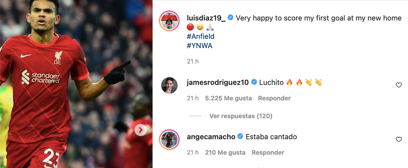 La reacción de James Rodríguez por el primer gol de Luis Díaz con el Liverpool