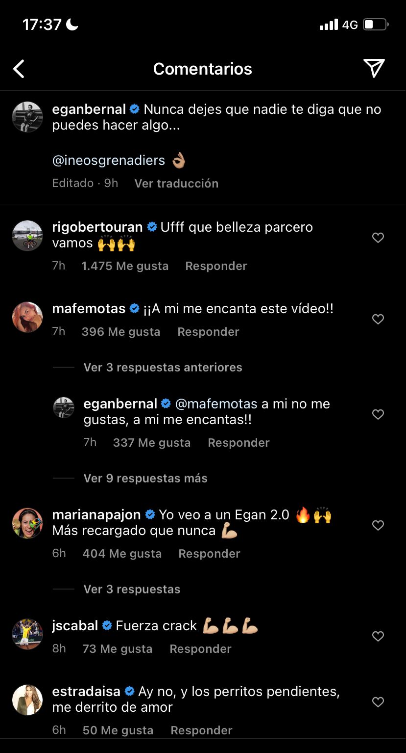 Respuesta de Egan Bernal a comentario de Mafe Motas