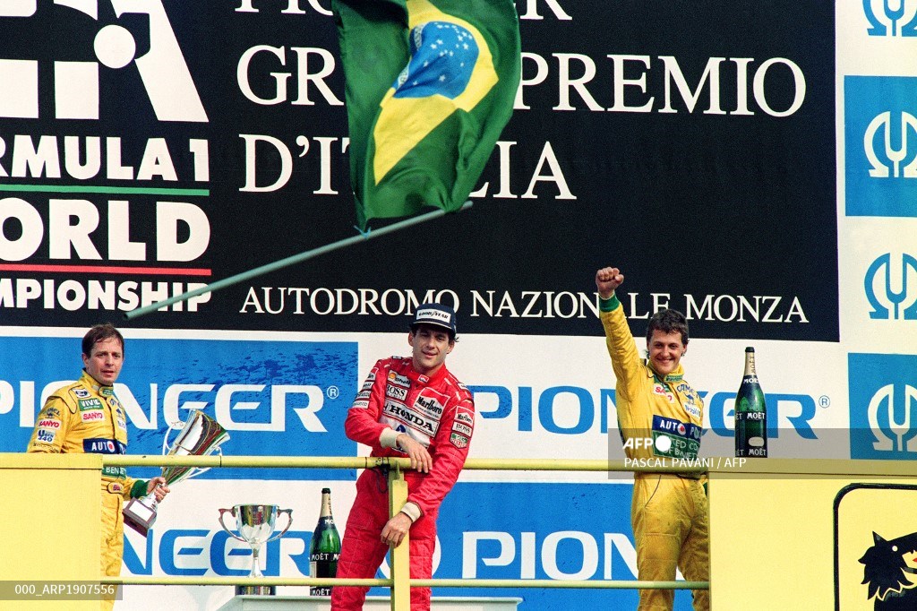 Martin Brundle, Ayrton Senna y Michael Schumacher en el GP de Monza 1992