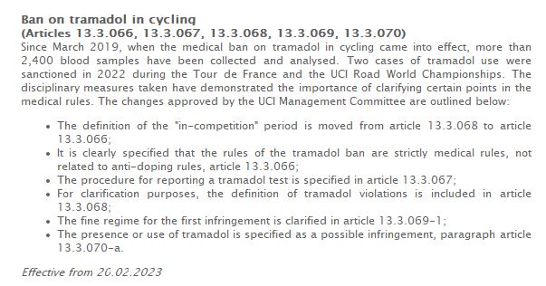 Reglamentación de la UCI sobre uso del Tramadol
