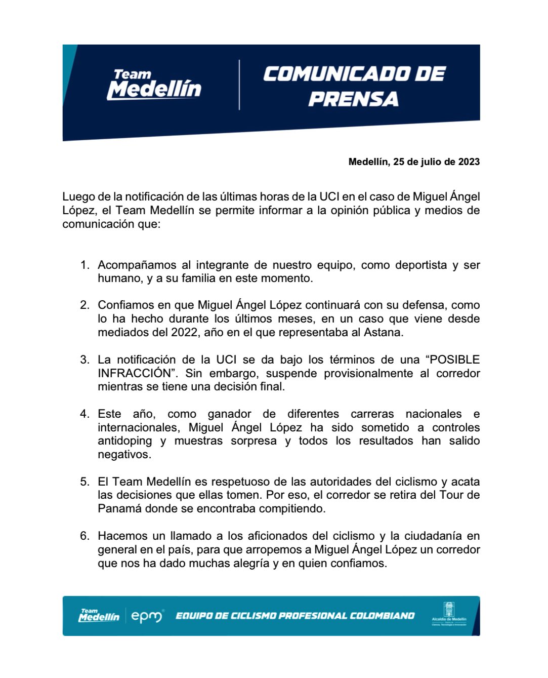 Comunicado del Team Medellín tras la suspensión de Superman López