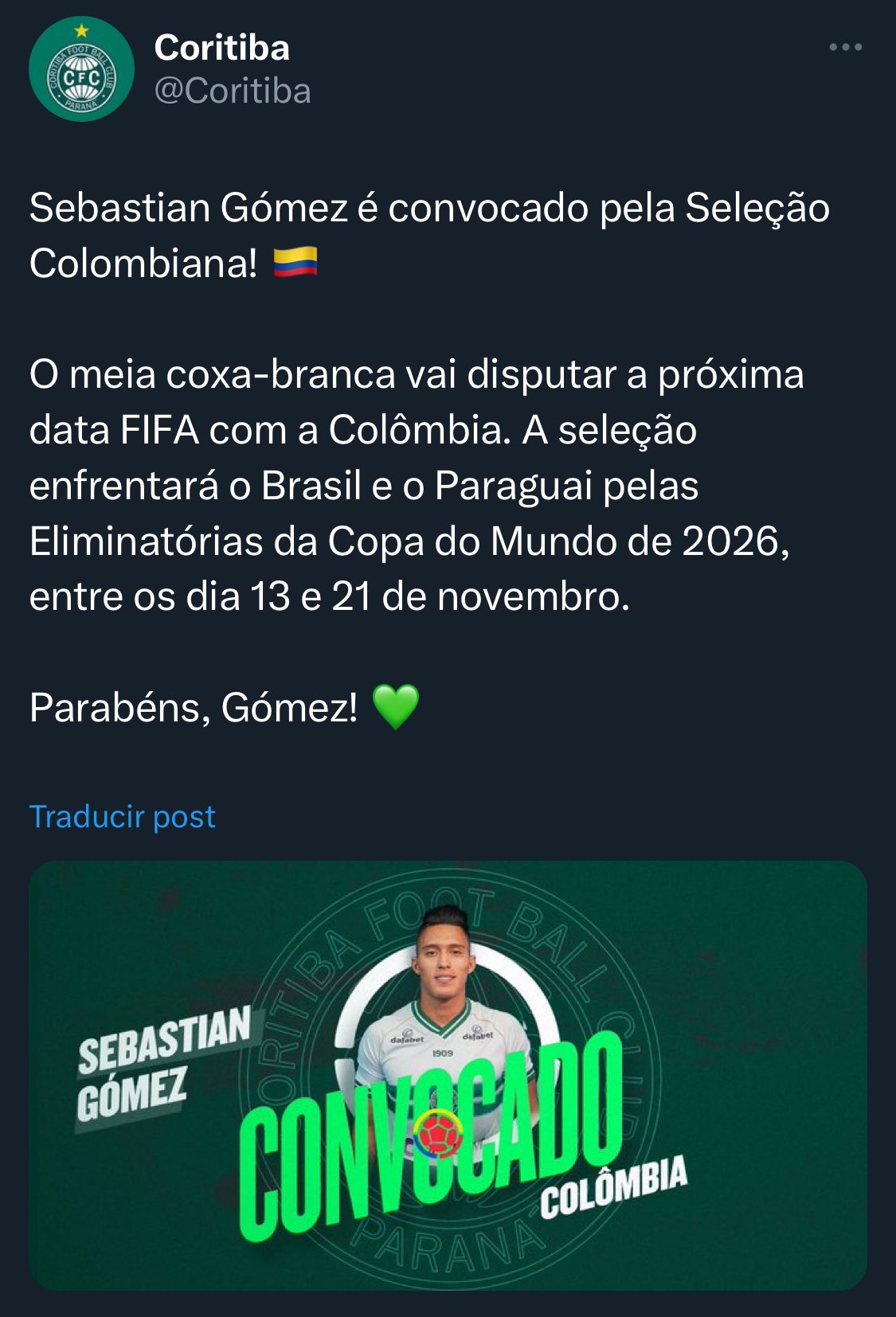 Coritiba confirma que Sebastián Gómez fue convocado a Selección Colombia