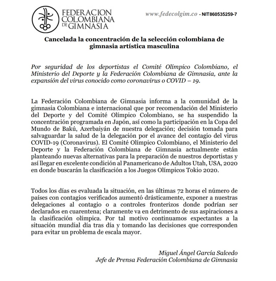 Comunicado Federación Colombiana de Gimnasia