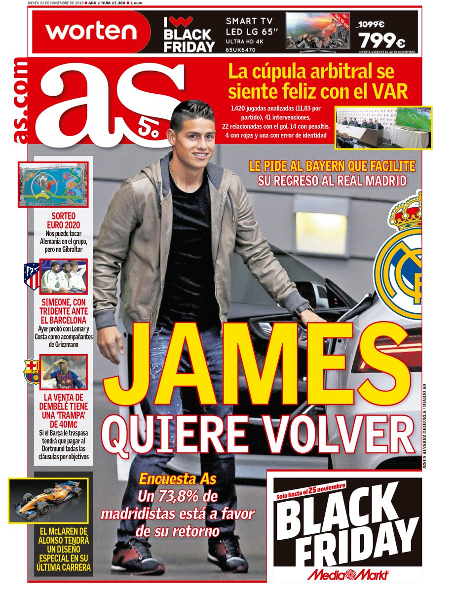 Portada de AS sobre James Rodríguez y su retorno al Real Madrid