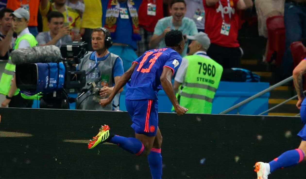 Yerry Mina celebrando el gol de Colombia ante Polonia en el Mundial