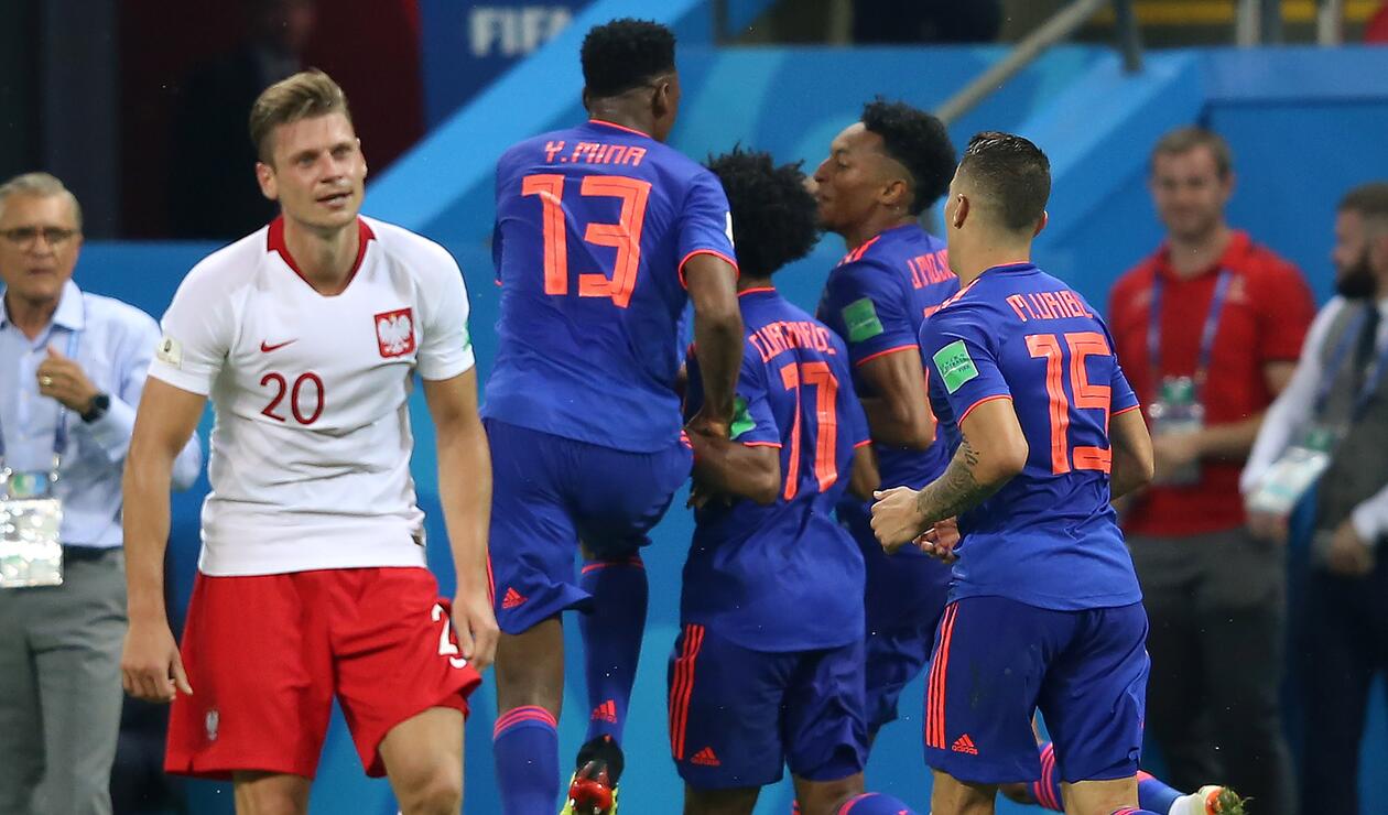 Colombia celebra su primer gol ante Polonia