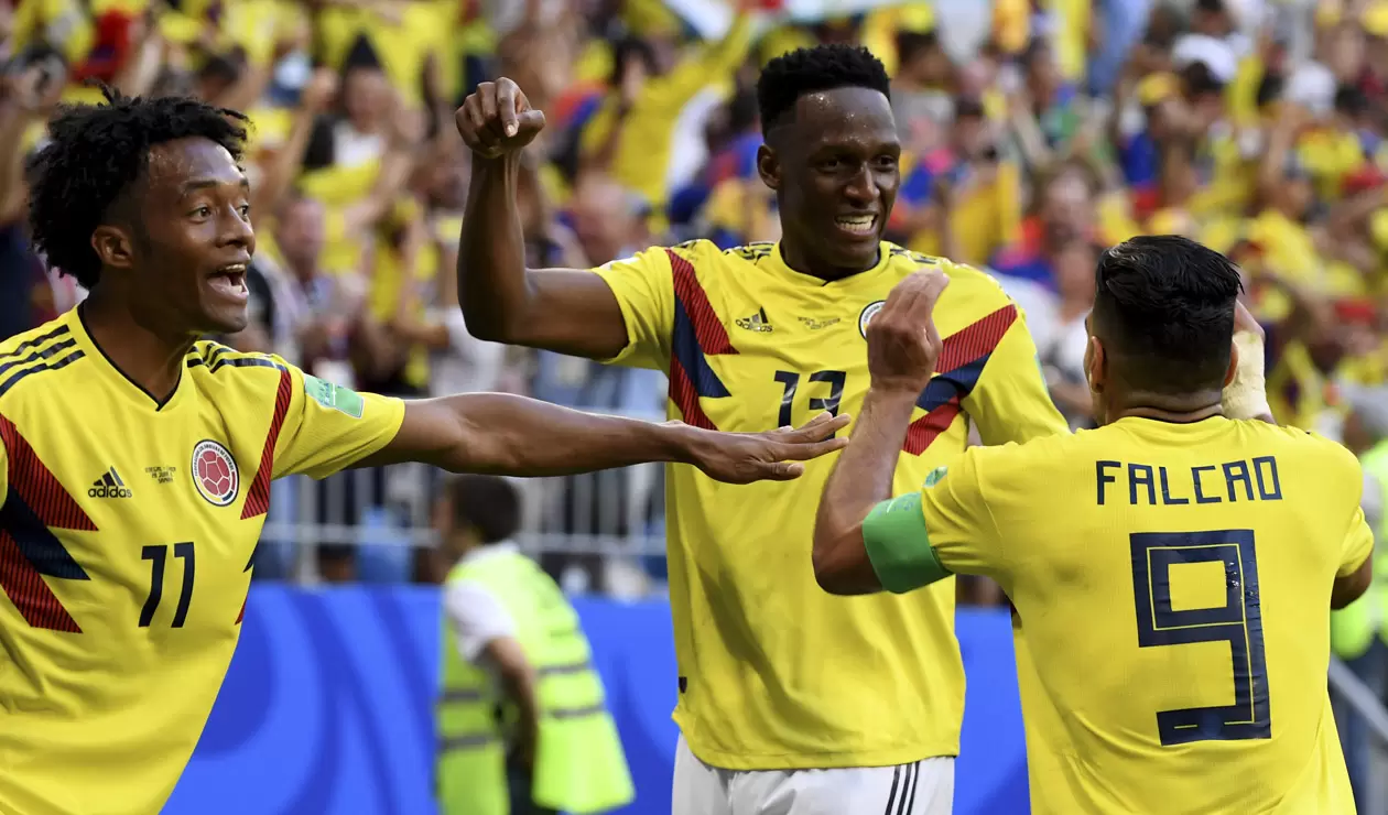 La Selección Colombia festejando el gol ante Senegal en Rusia 2018