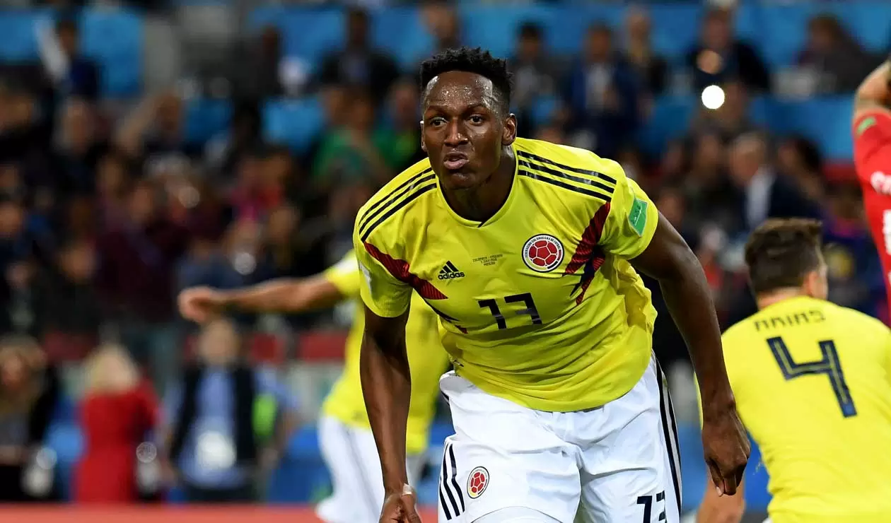 Yerry Mina celebra el gol de Colombia frente a Inglaterra