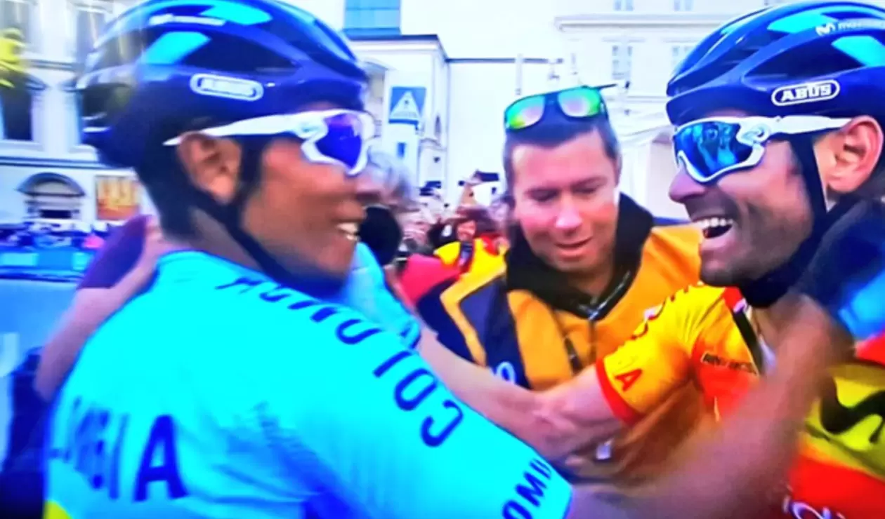 Nairo Quintana felicita a Valverde en el mundial