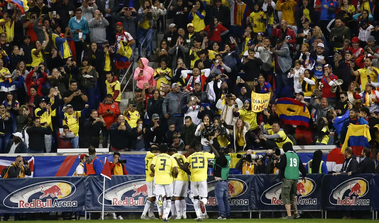 Los jugadores de Colombia celebran el gol convertido por Juan Camilo Hernández