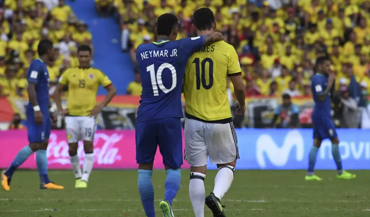 Neymar y James Rodríguez en un Colombia vs Brasil