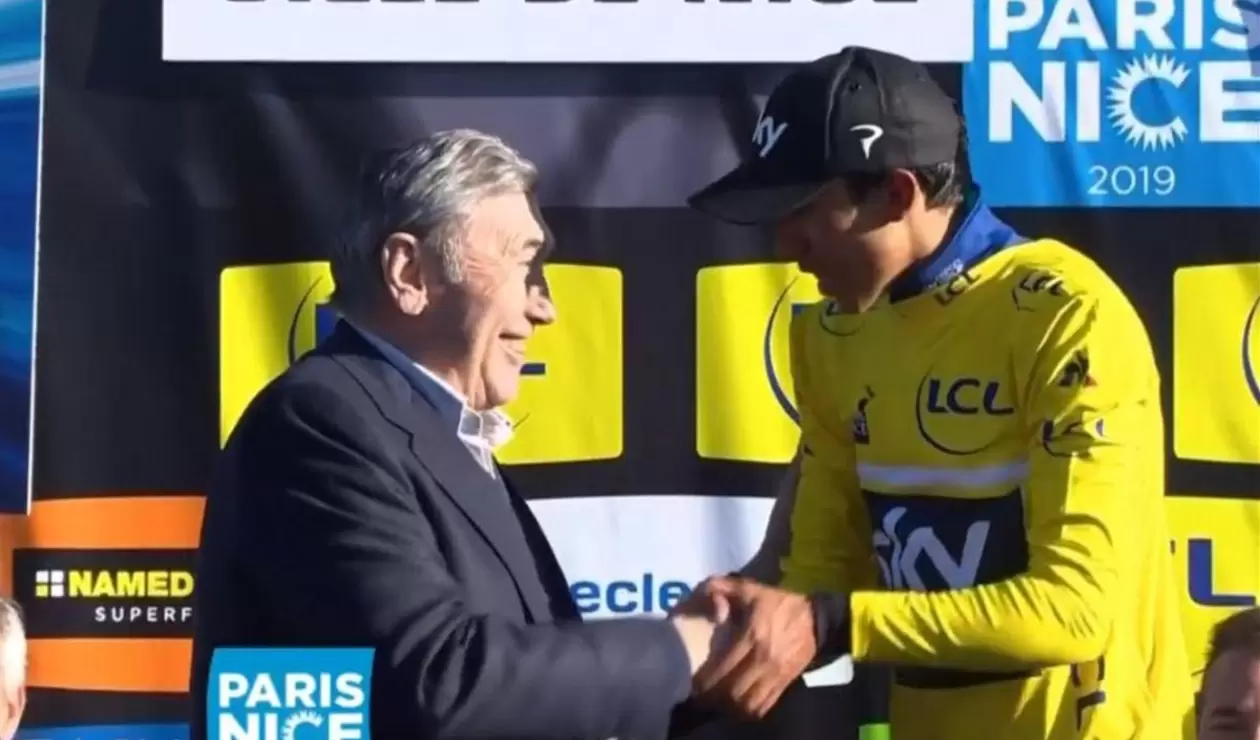Eddy Merckx y Egan Bernal en la París Niza de 2019