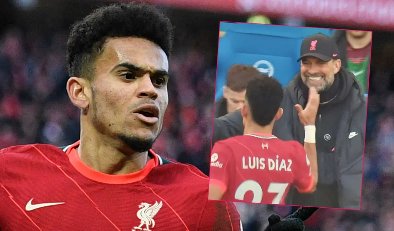 Abrazo de Klopp a Luis Díaz por su segundo gol en la Premier con el Liverpool