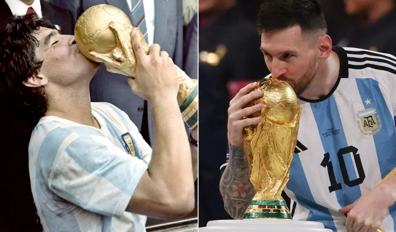 Diego Maradon celebrando en México 86 y Messi, en Qatar 2022