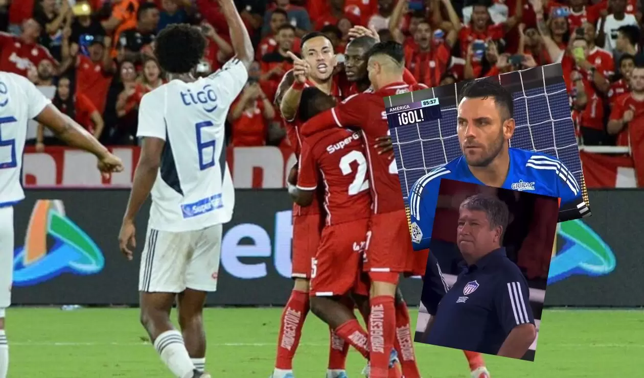 Bolillo y Viera en el gol de América contra Junior