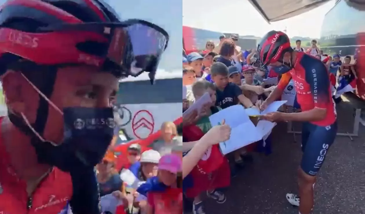 Egan Bernal firmando autógrafos en el Critérium del Dauphiné