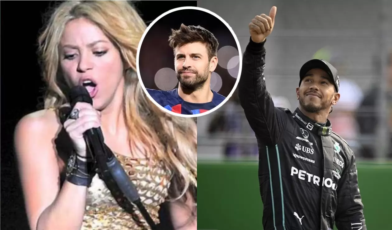 Shakira junto a Lewis Hamilton y Gerard Piqué 