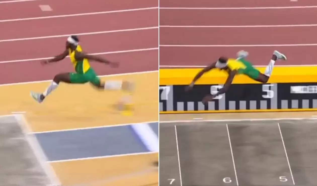 Atleta de Jamaica y un inusual salto largo en el mundial de atletismo