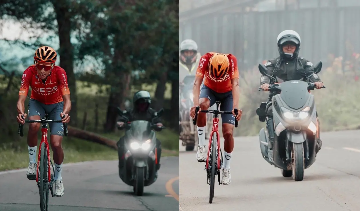 Egan Bernal entrenando en compañía de su papá
