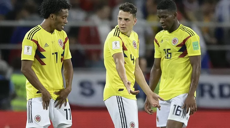 Juan Guillermo Cuadrado, Santiago Arias y Jéfersson Lerma con la Selección Colombia en Rusia 2018