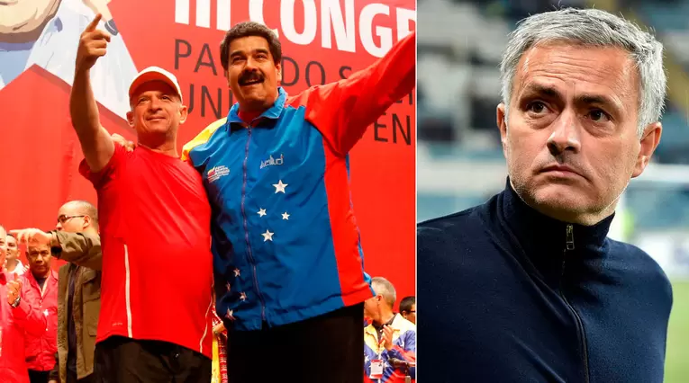 El exgeneral venezolano Hugo Carvajal junto al líder del régimen venezolano, Nicolás Maduro. Al lado, el técnico portugués José Mourinho.