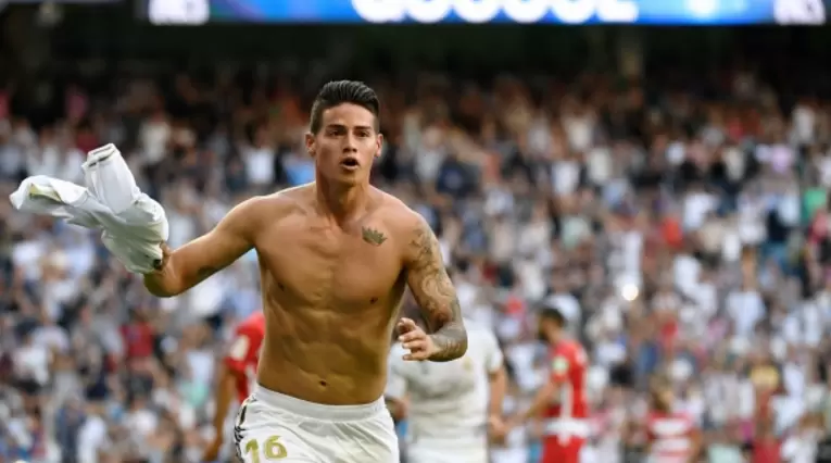 James Rodríguez, celebrando un gol en su nueva etapa con el Real Madrid