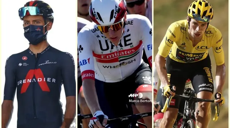 Egan Bernal, Tadej Pogacar y Primoz Roglic