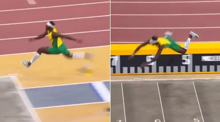 Atleta de Jamaica y un inusual salto largo en el mundial de atletismo