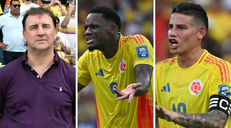 Néstor Lorenzo, Jhon Jader Durán y James Rodríguez con la selección Colombia