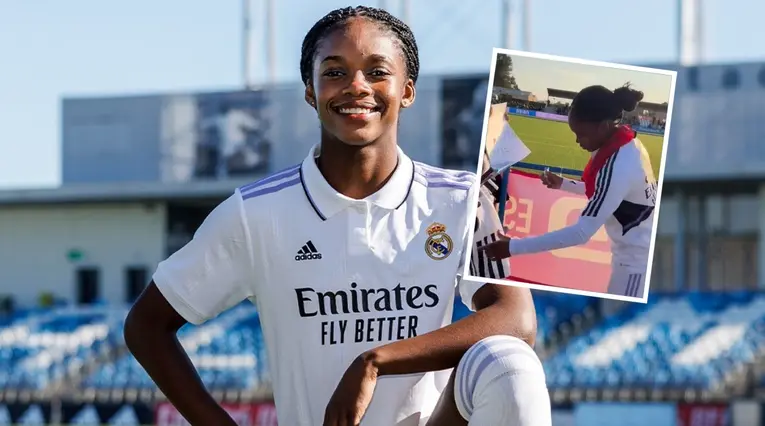 Linda Caicedo firmando autógrafos en Real Madrid